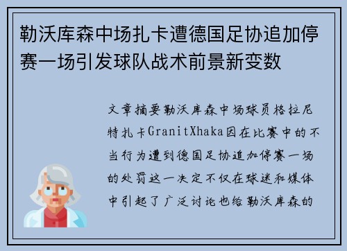 勒沃库森中场扎卡遭德国足协追加停赛一场引发球队战术前景新变数