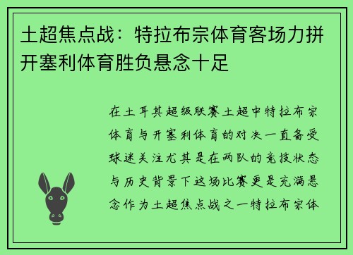 土超焦点战:特拉布宗体育客场力拼开塞利体育胜负悬念十足 土超焦点战:特拉布宗体育客场力拼开塞利体育胜负悬念十足